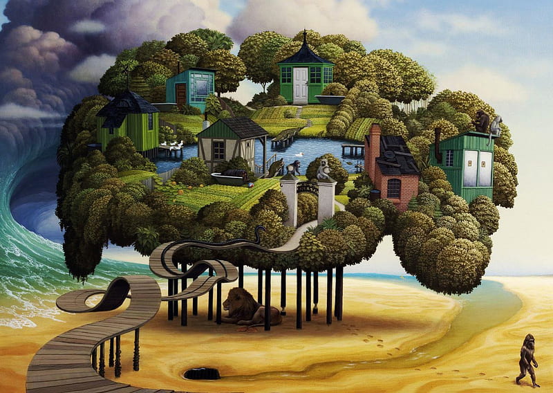Big Sheep, houses, ocean, path, funny, lion, HD wallpaper