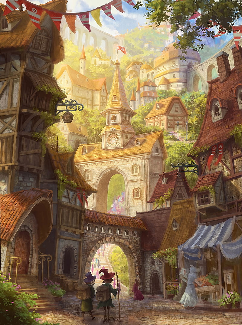 fantasy town, wanderer, buildings, city, vendors, Fantasy, HD phone wallpaper