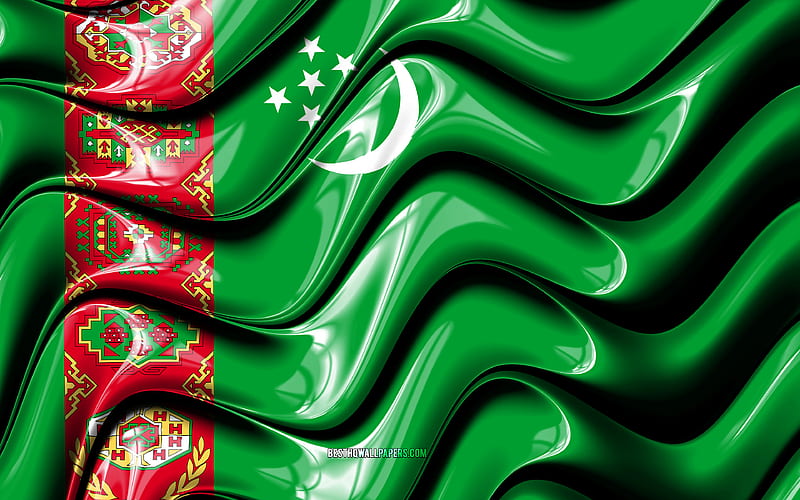 Turkmen flag Asia, national symbols, Flag of Turkmenistan, 3D art, Turkmenistan, Asian countries, Turkmenistan 3D flag, HD wallpaper