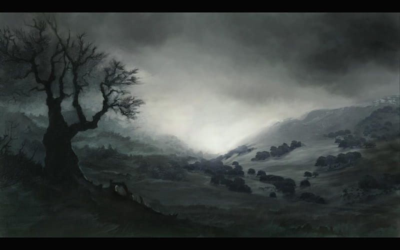 Dreary Landscape, dead, black, clouds, fog, mystic, tree, dark, chaotica, chaos, white, landscape, night, dreary, HD wallpaper