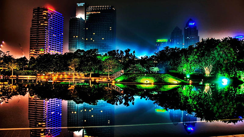 City Bright, city, high definition, bright, sky scrapers, lights, Firefox Persona theme, night, HD wallpaper