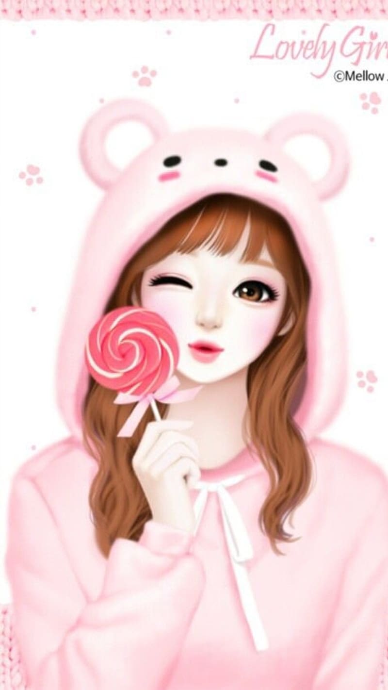 Cute Korean, Girl With Lollipop, girl, lollipop, art work, HD phone wallpaper