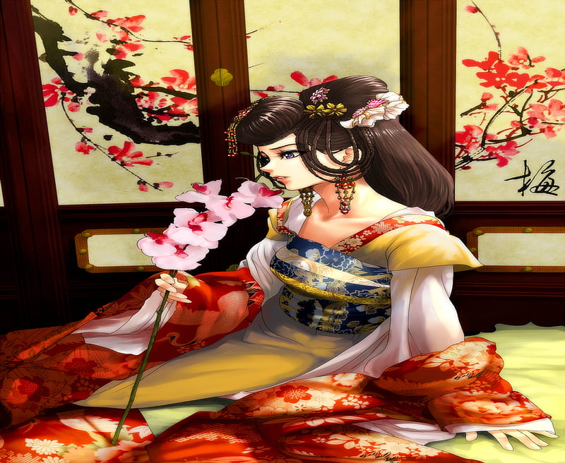 Japan Girl, female, rose, rose head, cherry blossom, japan clothes, flowers, beauty, anime girl, HD wallpaper
