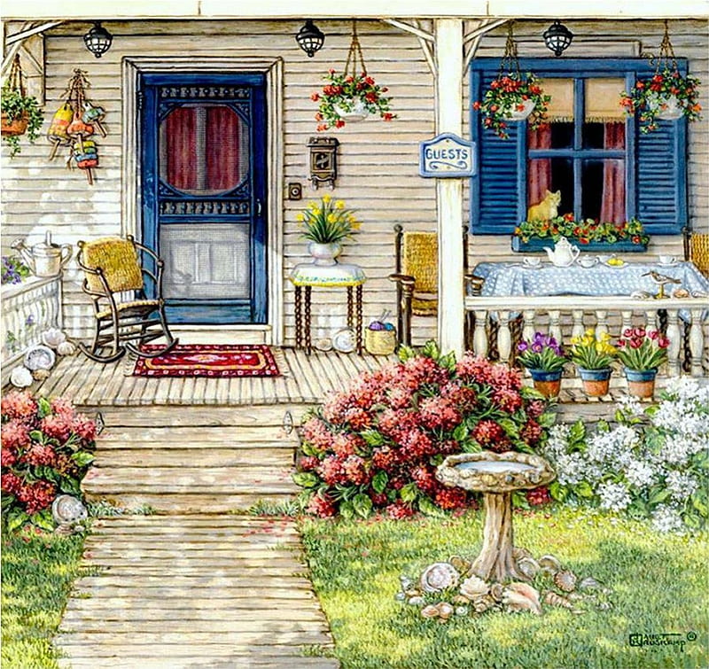 By Janet Kruskamp. Morning tea, art, Janet Kruskamp, painting, flower, door, HD wallpaper