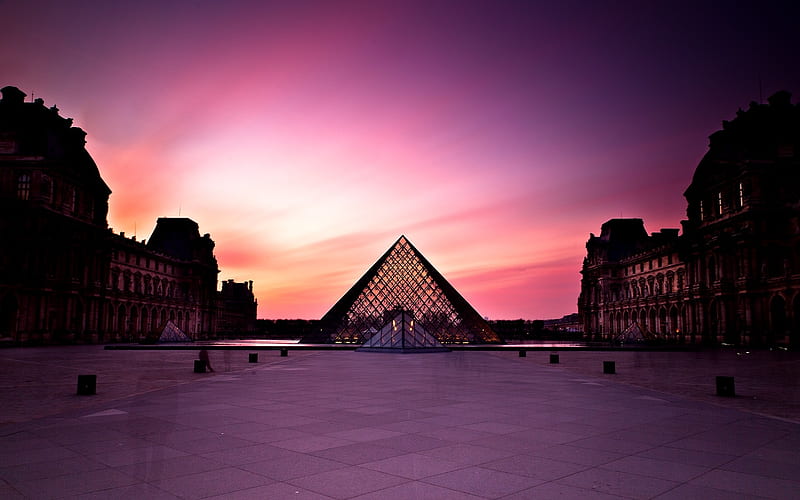 Sunset At Louvre, architecture, museum, monuments, buildings, paris, bonito, france, sunsets, nature, louvre, HD wallpaper