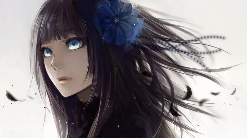 anime girl, flower, blue eyes, black hair, Anime, HD wallpaper