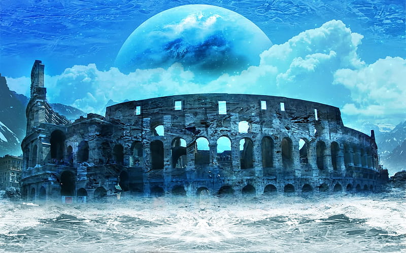 coliseum, water, ruins, rain, clouds, blue, HD wallpaper