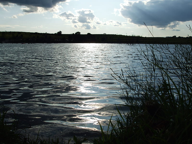 Lakeside sunset, water, sunset, sky, lake, blue, HD wallpaper