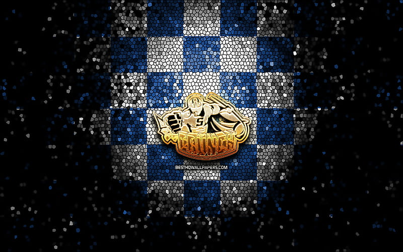 Syracuse Crunch, glitter logo, AHL, blue white checkered background, USA, american hockey team, Syracuse Crunch logo, mosaic art, hockey, America, HD wallpaper