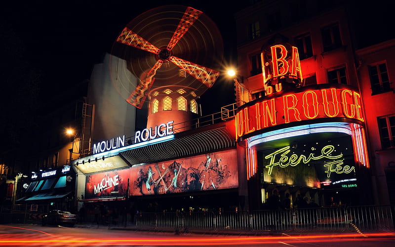 Moulin Rouge, paris, nightclub, night, lights, HD wallpaper