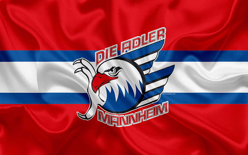 Adler Mannheim German hockey club, logo, emblem, hockey, Deutsche Eishockey Liga, Mannheim, Germany, silk flag, German hockey championship, HD wallpaper
