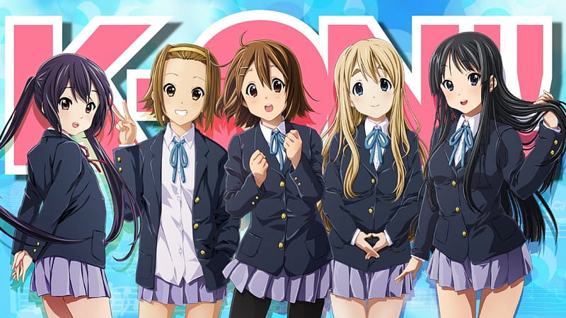 K-On, lovly, anime girls, wall, unifrom, happy, ponytail, short hair, females, girls, long hair, HD wallpaper