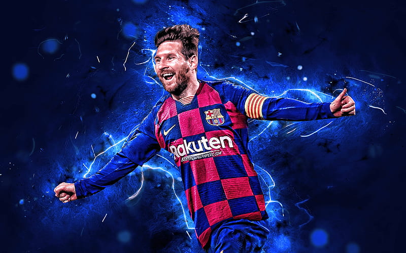 Lionel Messi, 2019, new uniform, Barcelona FC, argentinian footballers, FCB, football stars, La Liga, Messi, Leo Messi, neon lights, LaLiga, Spain, Barca, soccer, HD wallpaper