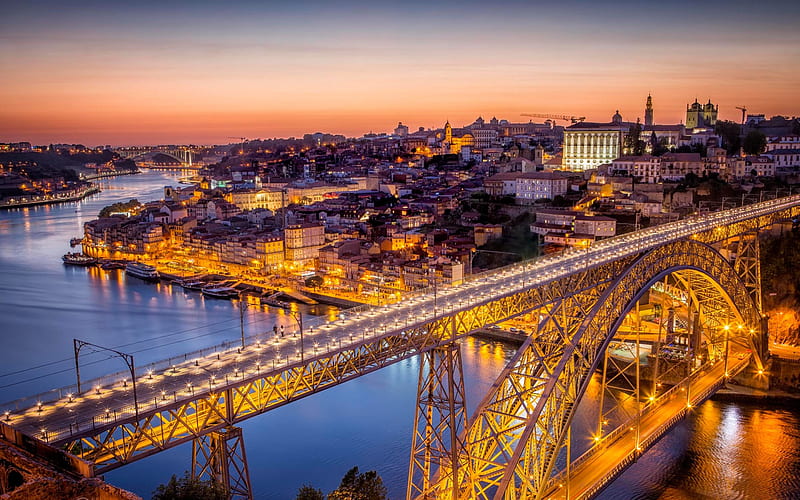 Porto, evening, city lights, city panorama Portugal, HD wallpaper
