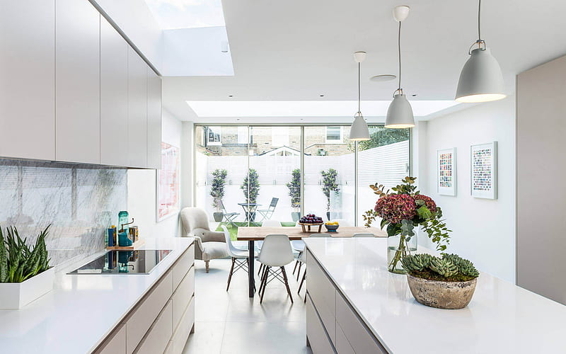 modern stylish kitchen interior, white walls, modern white kitchen, high-tech, minimalism, modern design, kitchen, HD wallpaper