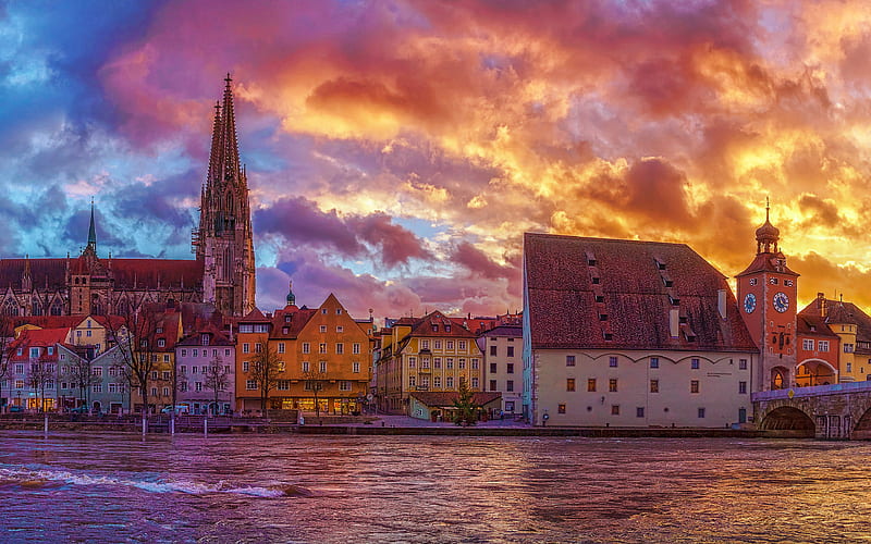 Regensburg Cathedral, R, embankment, german cities, Europe, Germany, Regensburg, Cities of Germany, sunset, Regensburg Germany, cityscapes, HD wallpaper