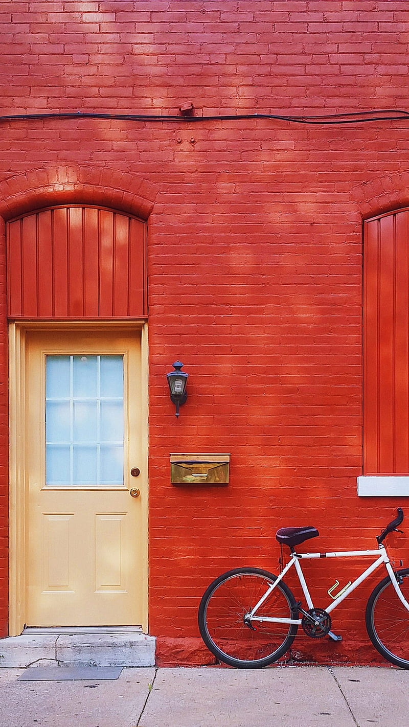 Red wall, bicycle, door, HD phone wallpaper