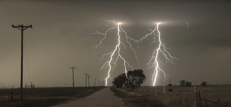 Storm Chaser's Surprise, tree, high resolution, 4026x1880, road, lightening, dark sky, exciting, electricity poles, rare occurance, HD wallpaper