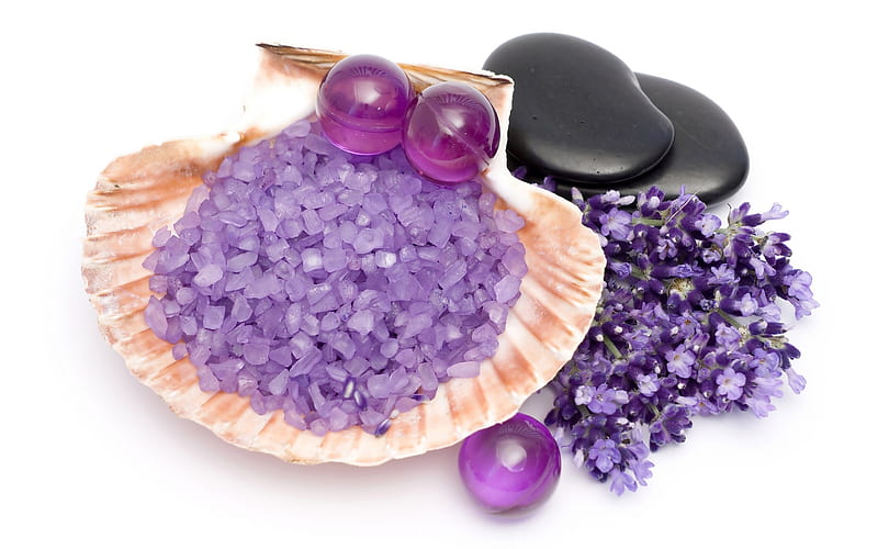 spa time, rocks, bath, shell, purple, spa, calming, flowers, color, salt, violet, relaxing, massage, HD wallpaper