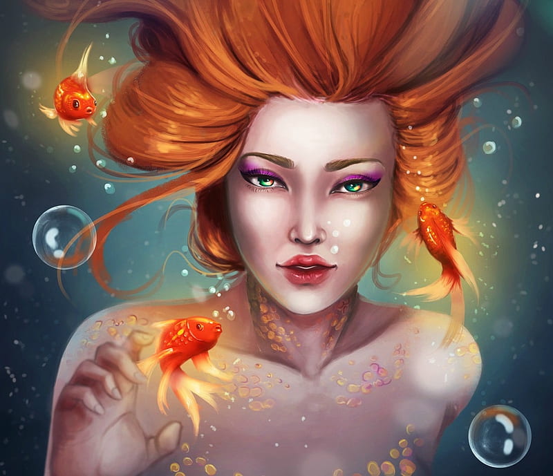 Mermsid, fish, orange, redhead, beautyfy me, fantasy, bubbles, hand, art, underwater, dahlia khodur, luminos, golden, mermaid, sirena, girl, summer, portrait, HD wallpaper