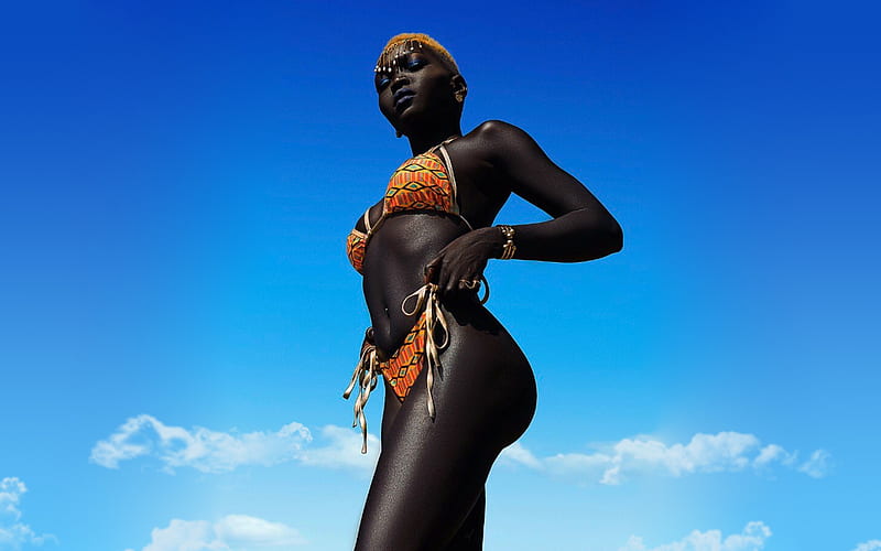 Nyakim Gatwech, models, ebony, clouds, bikini, HD wallpaper
