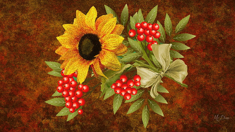 Sunflower Splendor, fall, autumn, leaves, berries, mountain ash, flowers, sunflower, floral, Firefox theme, HD wallpaper