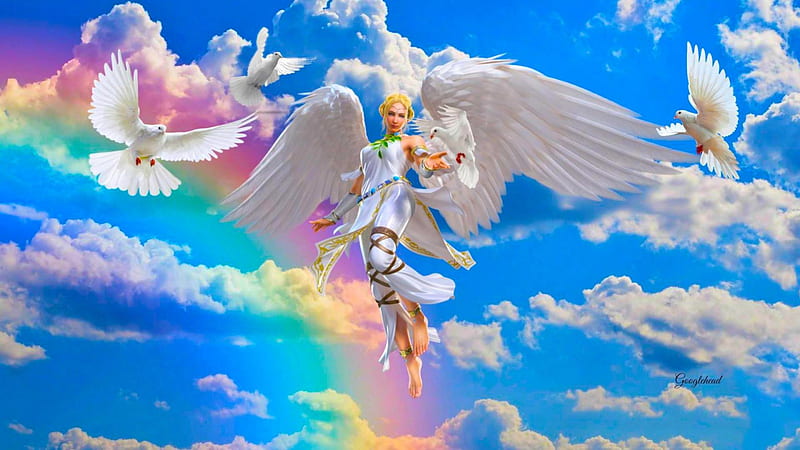 Rainbow Angel, colorful, art, angel, bonito, rainbow, woman, googlehead, fantasy, girl, serene, digital, blue, gorgeous, HD wallpaper