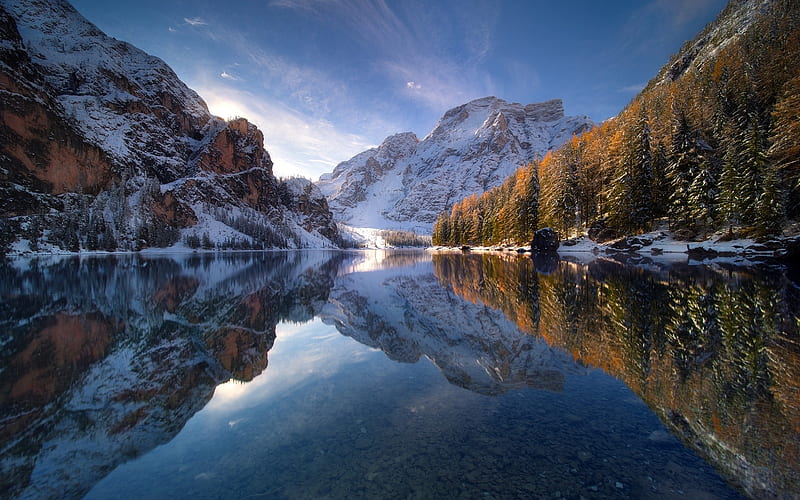 mountain lake, winter landscape, mountains, forest, snow, winter, HD wallpaper