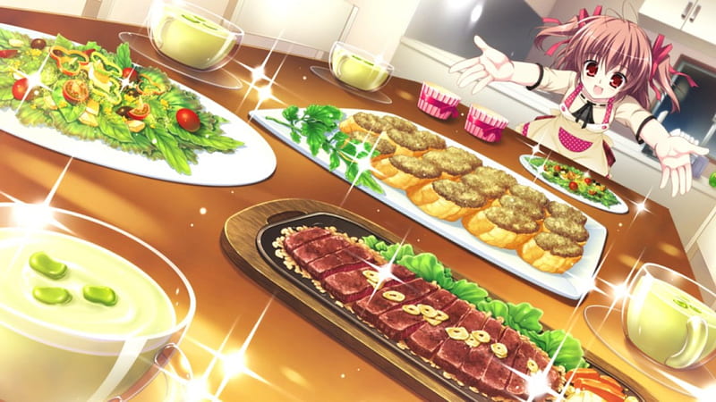Dinner is Served, dinner, pretty, sparks, nice, waitress, anime, beauty, meat, anime girl, long hair, bowl, table, lovely, food, ribbon, kitchen, happy, meats, cute, plate, eating, red eyes, hungry, bonito, eat, lunch, serve, apron, female, brown hair, soup, smile, vegetable, kawaii, girl, cook, vegetables, HD wallpaper