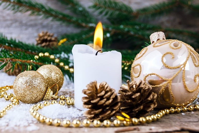 Christmas Candle light, Christmas, Holidays, Light, Balls, Candle, decorations, Miscellaneous, Pine cone, Christmas balls, HD wallpaper