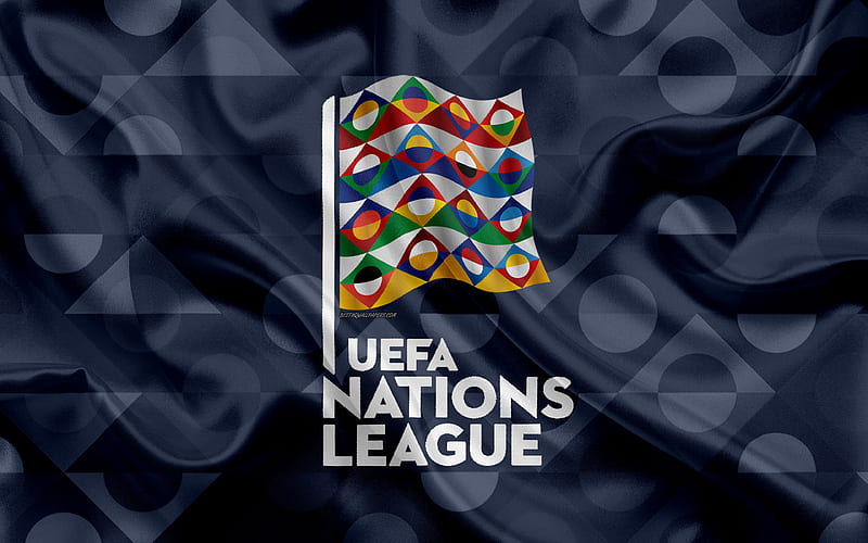 UEFA Nations League logo, emblem, silk texture, gray flag, Europe, UEFA, football tournament, national teams, HD wallpaper