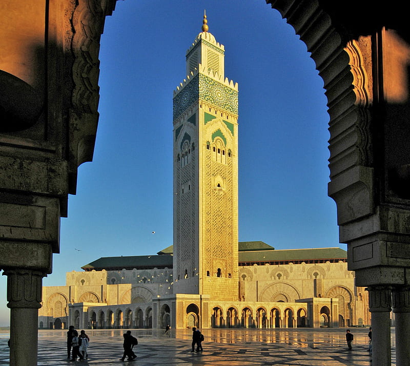 Hassan II Mosque, casablanca, islam, morocco, sunset, HD wallpaper