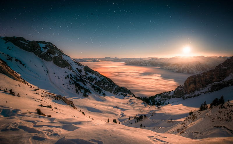Alps moonrise, foggy, snowy, switzerland, landscapes, HD wallpaper