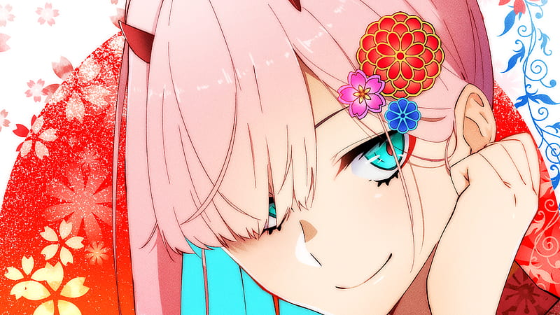 darling in the franxx pink hair zero two with flowers on head with background of flowers texture anime, HD wallpaper