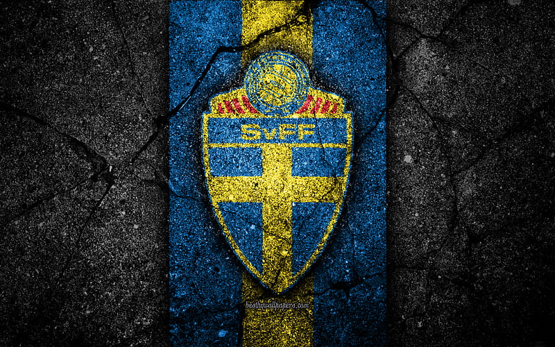 Swedish football team emblem, UEFA, Europe, football, asphalt texture, soccer, Sweden, European national football teams, Sweden national football team, HD wallpaper