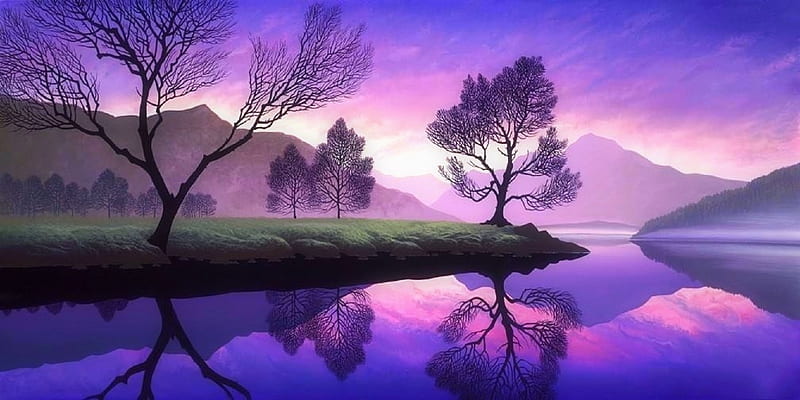 Purple Dawn, lakes, dawn, love four seasons, attractions in dreams, paintings, paradise, purple, mountains, summer, nature, HD wallpaper