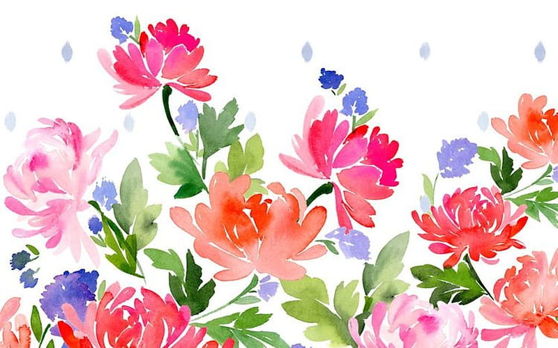 Flowers, orange, texture, flower, summer, paper, pink, pattern, vara, green, blue, watercolor, HD wallpaper