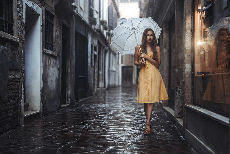 Girl With Umbrella In Yellow Dress, girls, model, umbrella, rain, yellow-dress, HD wallpaper