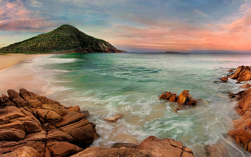 Port Stephen, Australia, sunset, ocean, luxury beach, evening, mountain, HD wallpaper