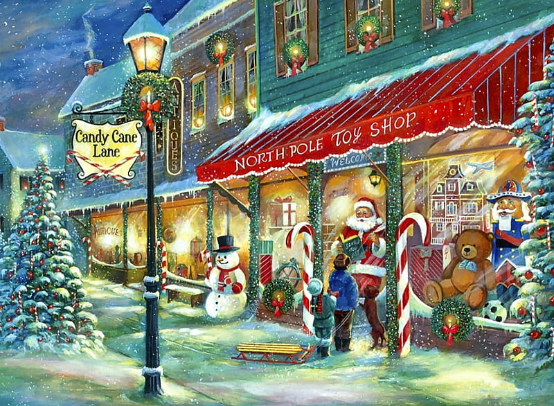 Christmas dreams, shop, colorful, christmas, children, bonito, santa claus, noel, winter, city, peaceful, color, north pole, HD wallpaper