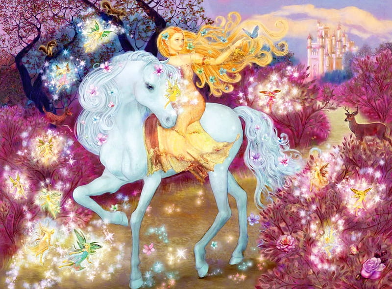Riding in the woods, pretty, colorful, woods, fairytale, bonito, magic, hair, nice, flowers, enchanted, fairy, art, forest, lovely, golden, unicorn, blonde, spring, riding, horse, girl, ride, summer, lady, princess, HD wallpaper