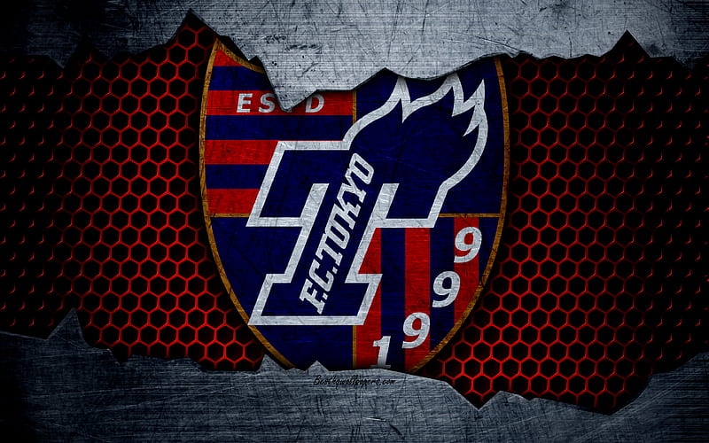 FC Tokyo logo, art, J-League, soccer, football club, Tokyo, metal texture, HD wallpaper