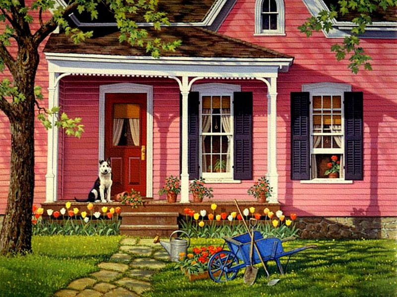 Little Pink Houses, tree, house, cobblestone walk, porch, blue wheelbarrow, flowers, wheelbarrow, dog, HD wallpaper