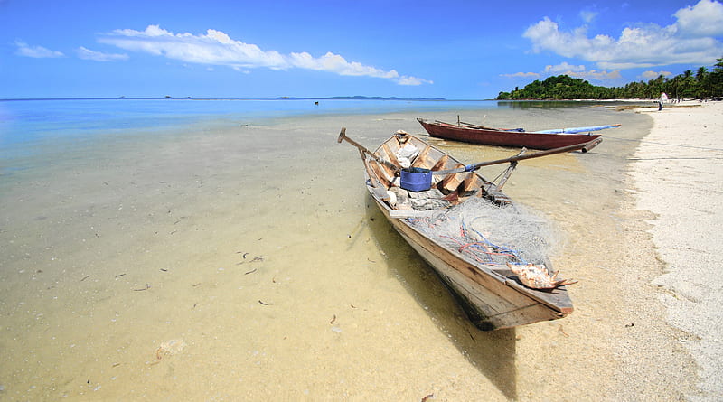 Traditional Fishing Boats, Sampan, sampan, benan beach, indonesia, benan island, HD wallpaper