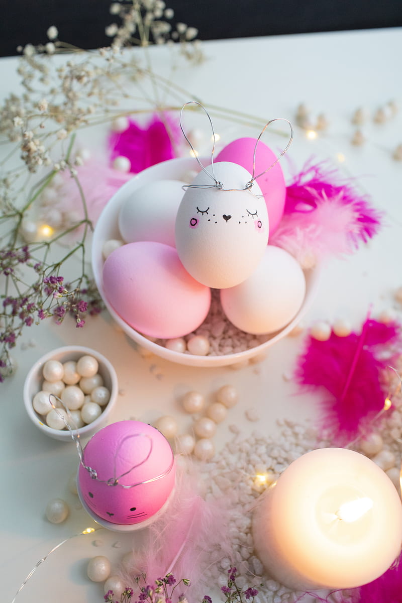 Pink and White Decorated Eggs on Table, HD phone wallpaper