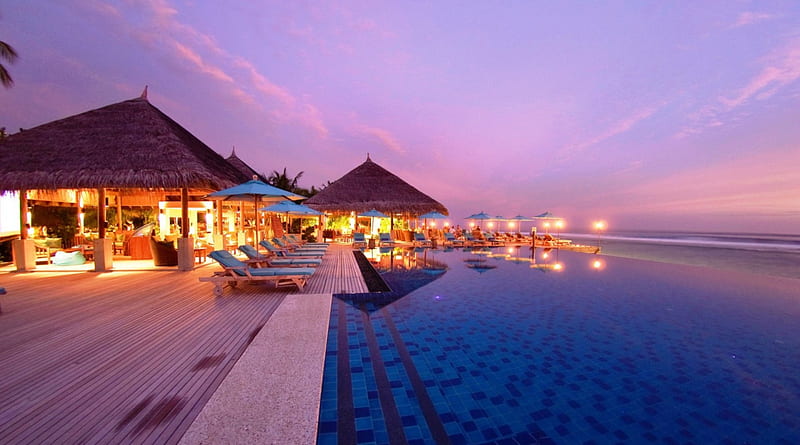 a seaside infinity pool in a resort at dusk, resort, seaside, dusk, pool, lights, HD wallpaper