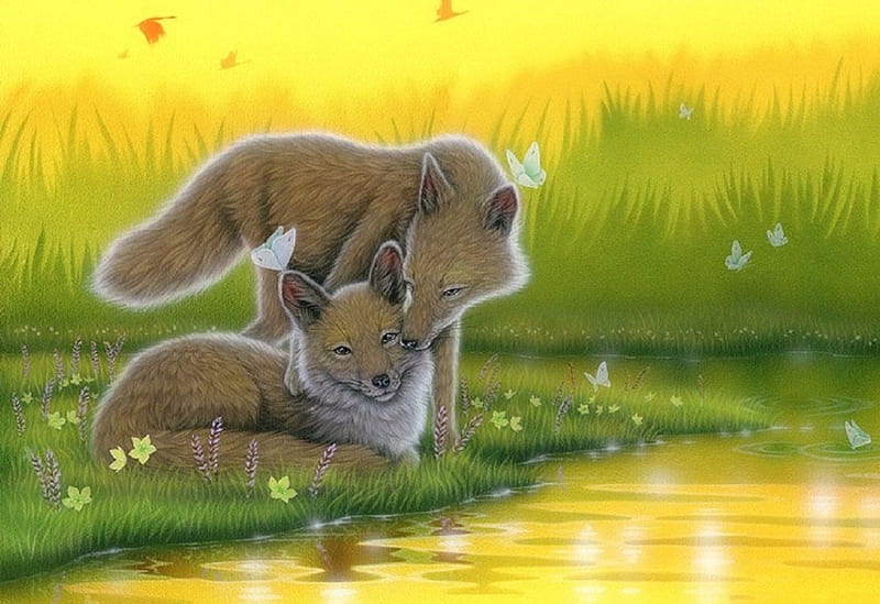 Evening Together, family, love four seasons, yellow, spring, paintings, foxes, flowers, butterfly designs, animals, dogs, HD wallpaper