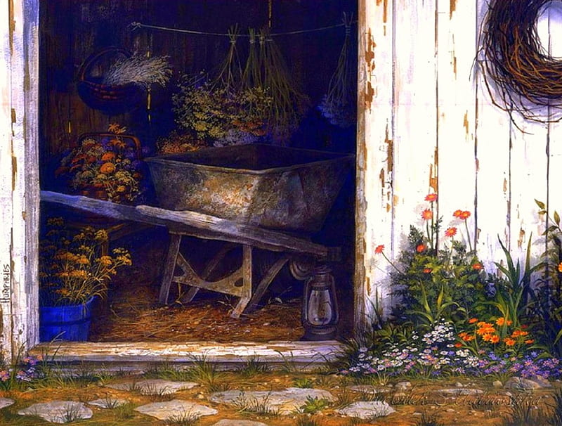 Old Faithful, lovely still life, paintings, draw and paint, wagon, flowers, love four seasons, old, old warehouses, HD wallpaper