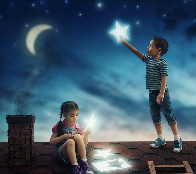 Moon and stars, roof, little, moon, children, creative, boy, fantasy, moon,  girl, HD wallpaper | Peakpx