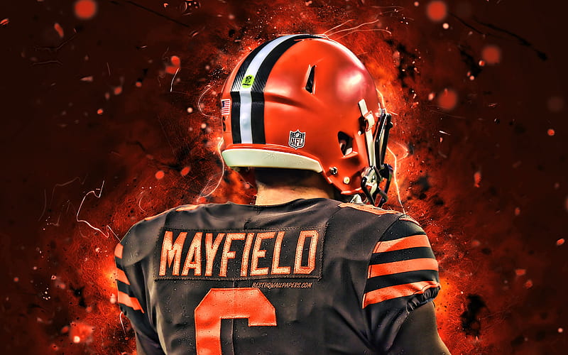 Baker Mayfield, back view, quarterback, Cleveland Browns, american football, NFL, Baker Reagan Mayfield, National Football League, neon lights, Baker Mayfield Cleveland Browns, HD wallpaper